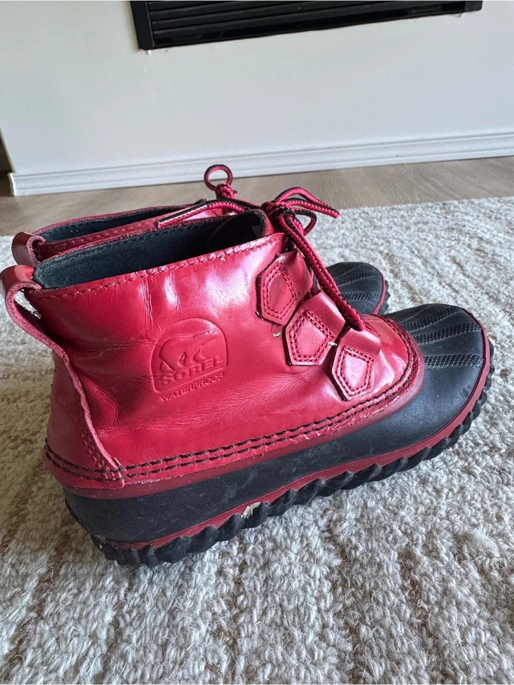 Kids Red and Black Sorel Waterproof Duck Boots